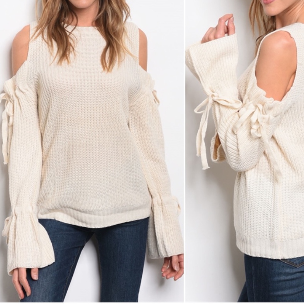 SALE! OATMEAL COLD SHOULDER BELL SLEEVE SWEATER